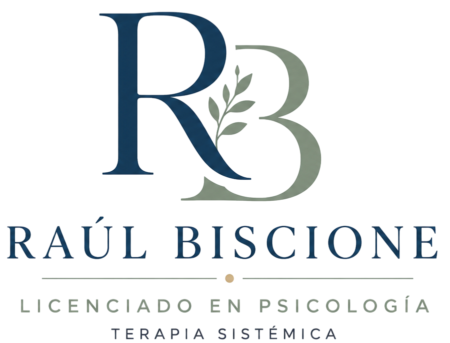 Logo de Raúl Biscione, licenciado en psicología y terapia sistémica, con monograma RB azul y verde.