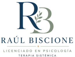 Logo de Raúl Biscione, licenciado en psicología y terapia sistémica, con monograma RB azul y verde.