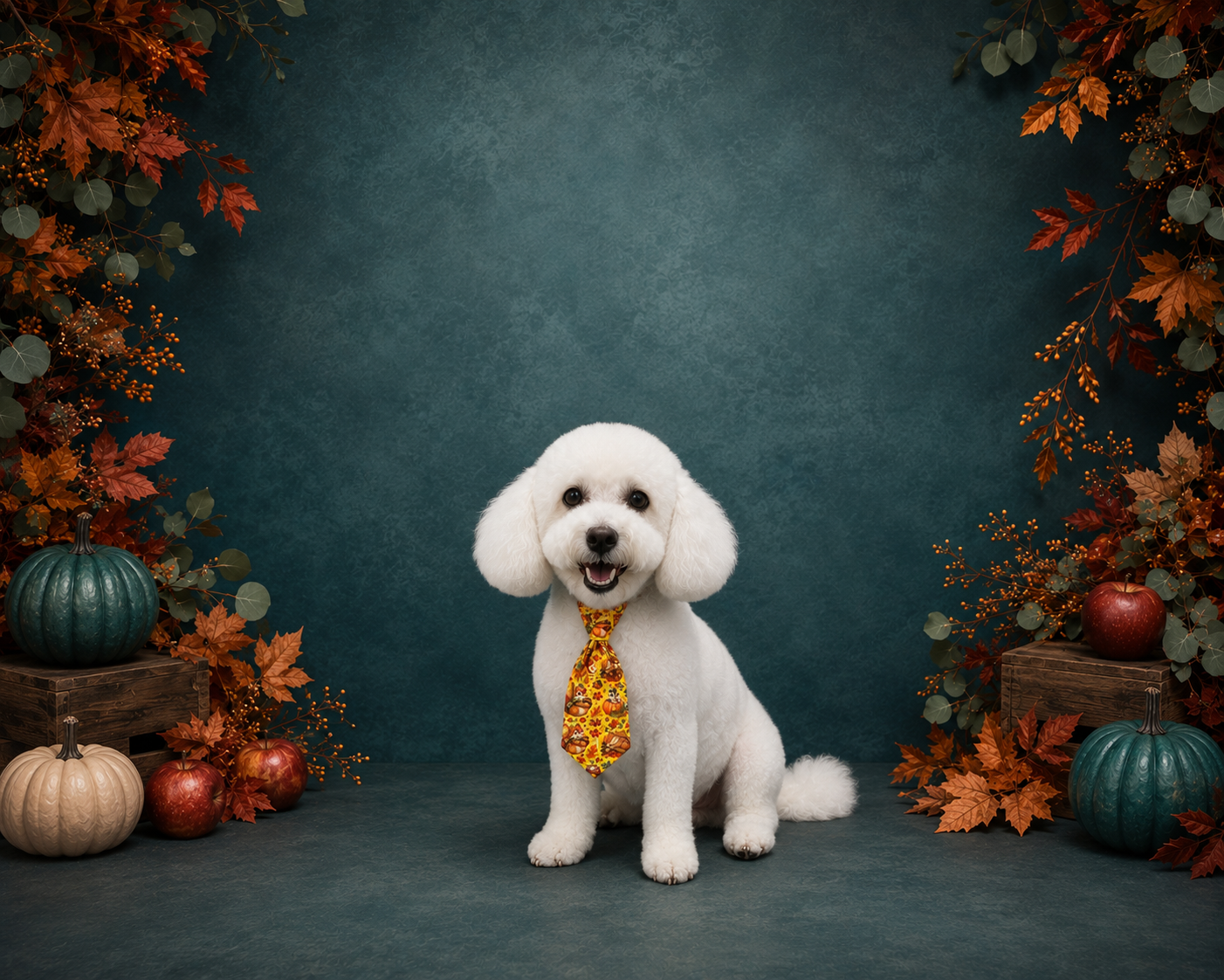 Bichon with teddy bear haircut wearing a tie, sitting in an autumn-themed studio with pumpkins and leaves.