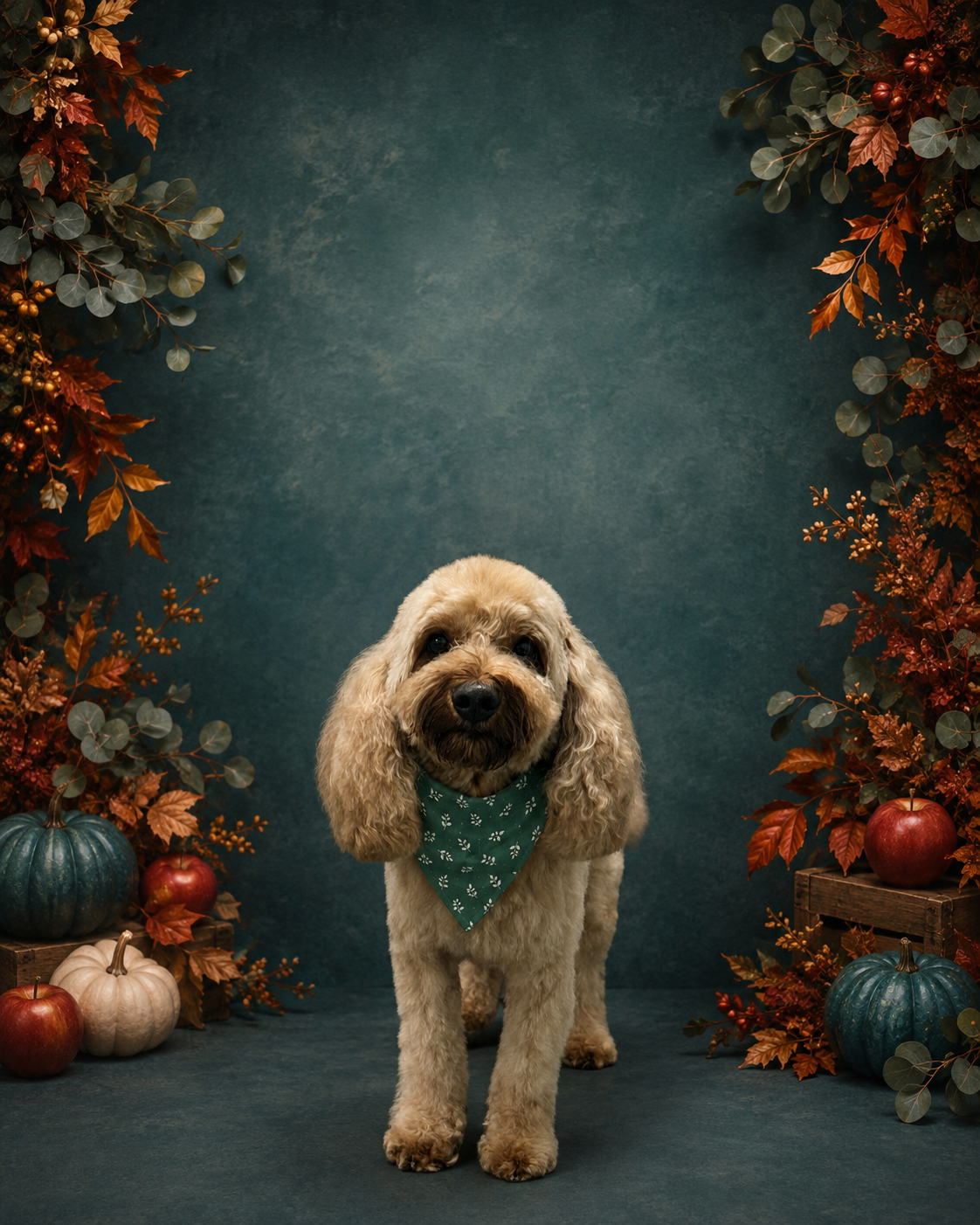 Red Mini Doodle wearing a green bandana, standing against a dark floral backdrop with pumpkins and apples.