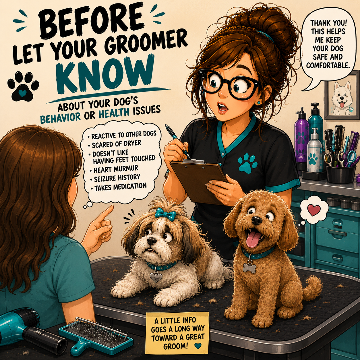 Groomer clipart with dogs and tips about behavior or health issues in a grooming salon.