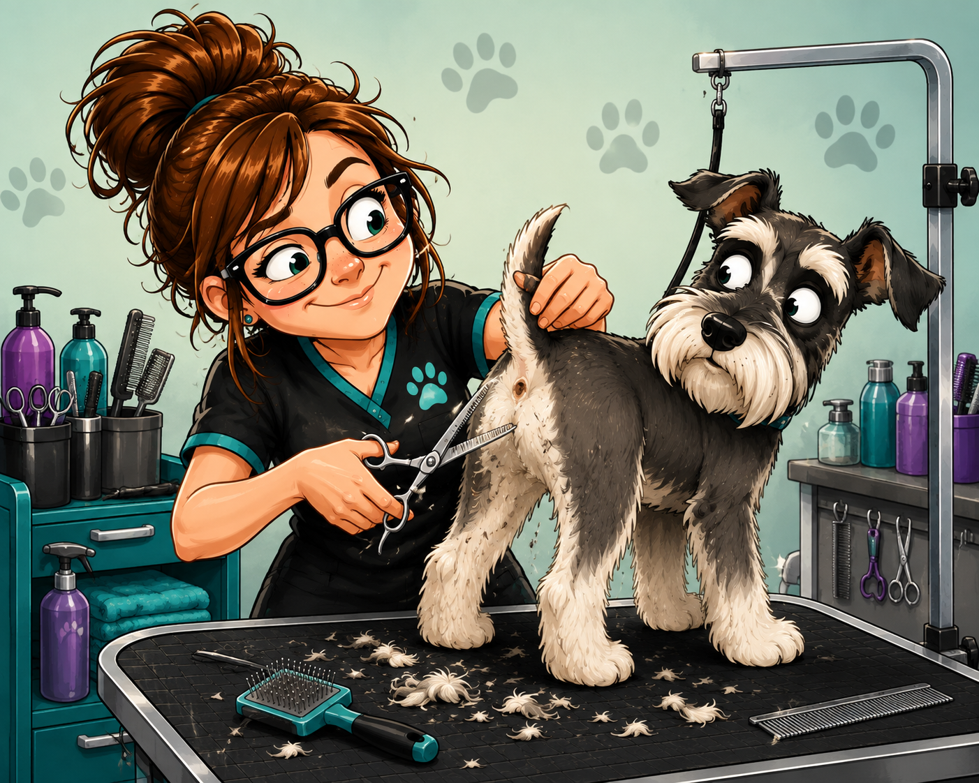 Groomer trims a small schnauzer on a table in a pet salon, with grooming tools and bottles nearby.