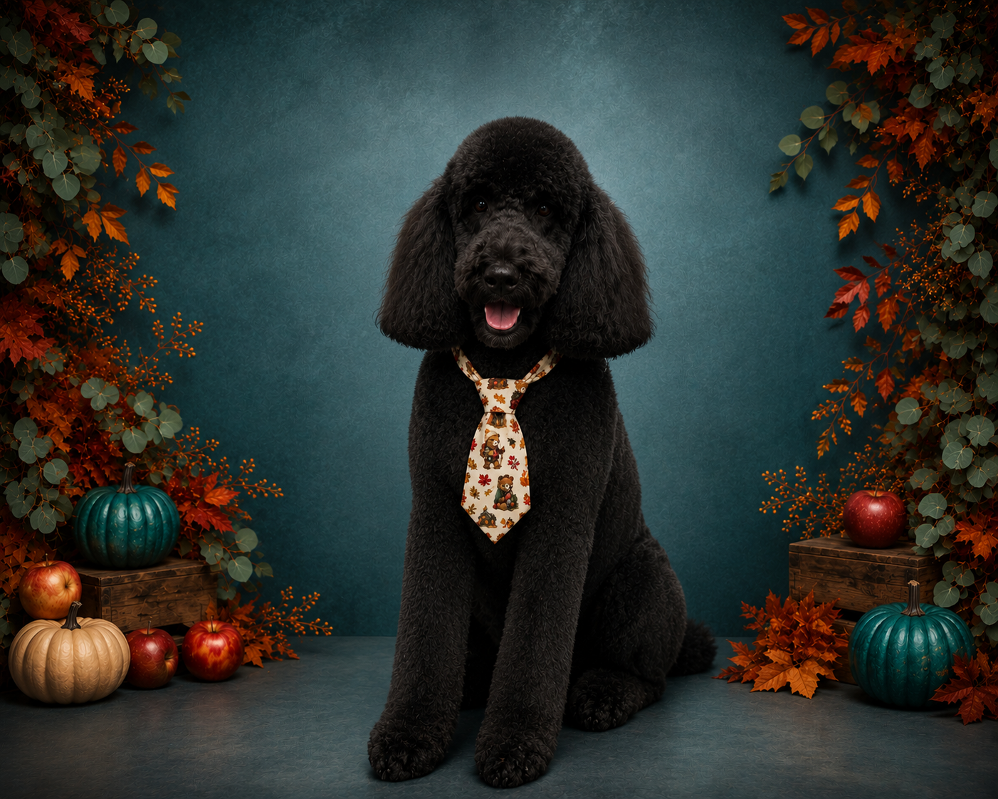 Black Standard poodle with teddy bear haircut wearing a patterned tie, posed among autumn leaves and pumpkins on a dark studio backdrop