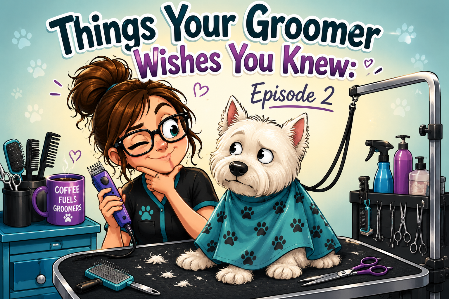 Groomer poster with a dog in a teal cape beside tools, titled “Things Your Groomer Wishes You Knew: Episode 2”