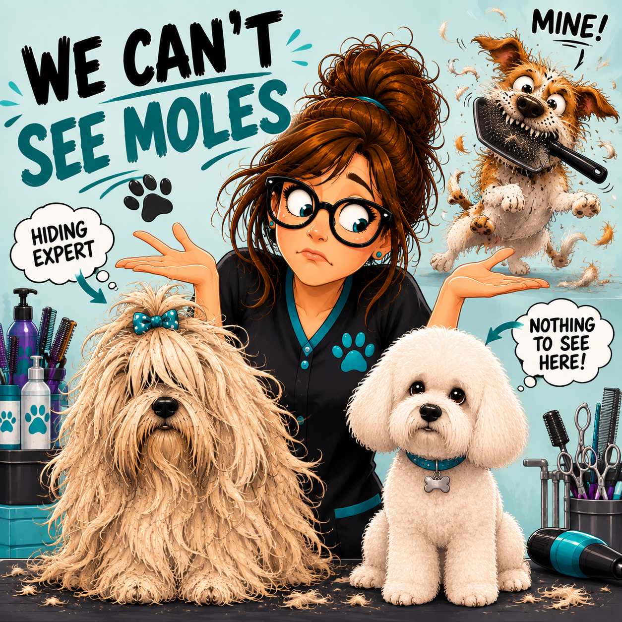 Cartoon dog-grooming ad with three fluffy dogs, a woman, and text “We can’t see moles” and “Hidden expert.”