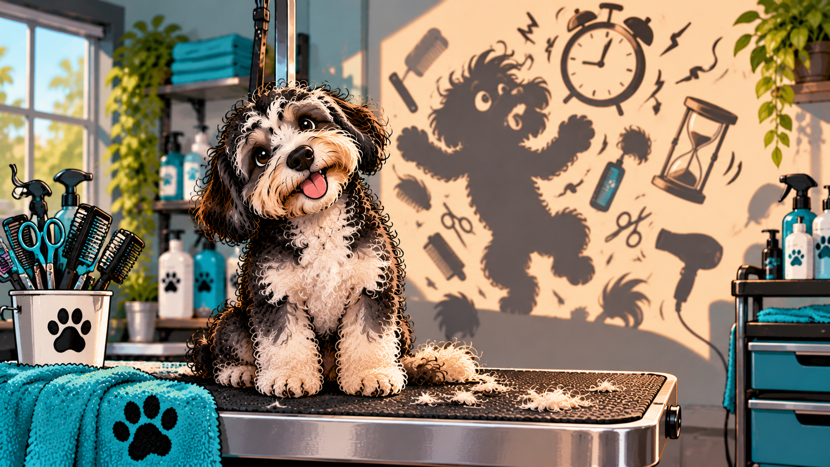 Fluffy black-and-white dog standing on a grooming table in a bright pet salon with chaotic shadow