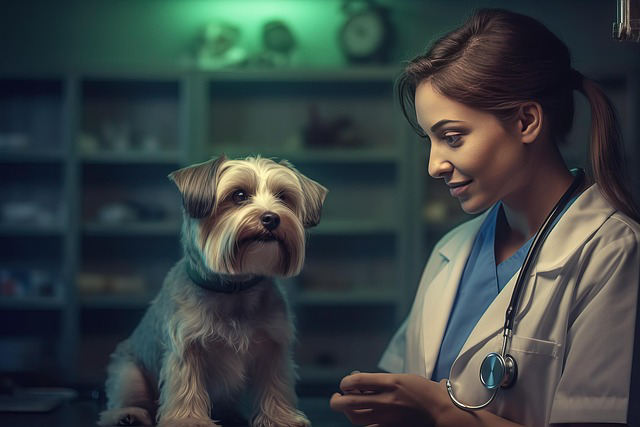 Veterinarian in a clinic examining a small dog with a stethoscope