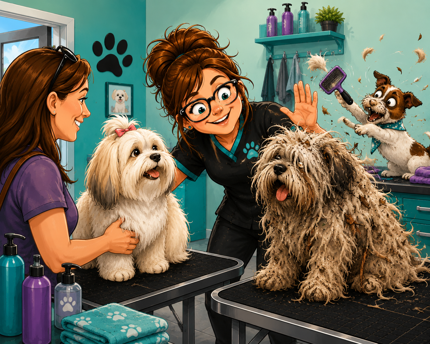 Two dogs on grooming tables while two stylists smile in a colorful pet salon, with another dog in a mirror.
