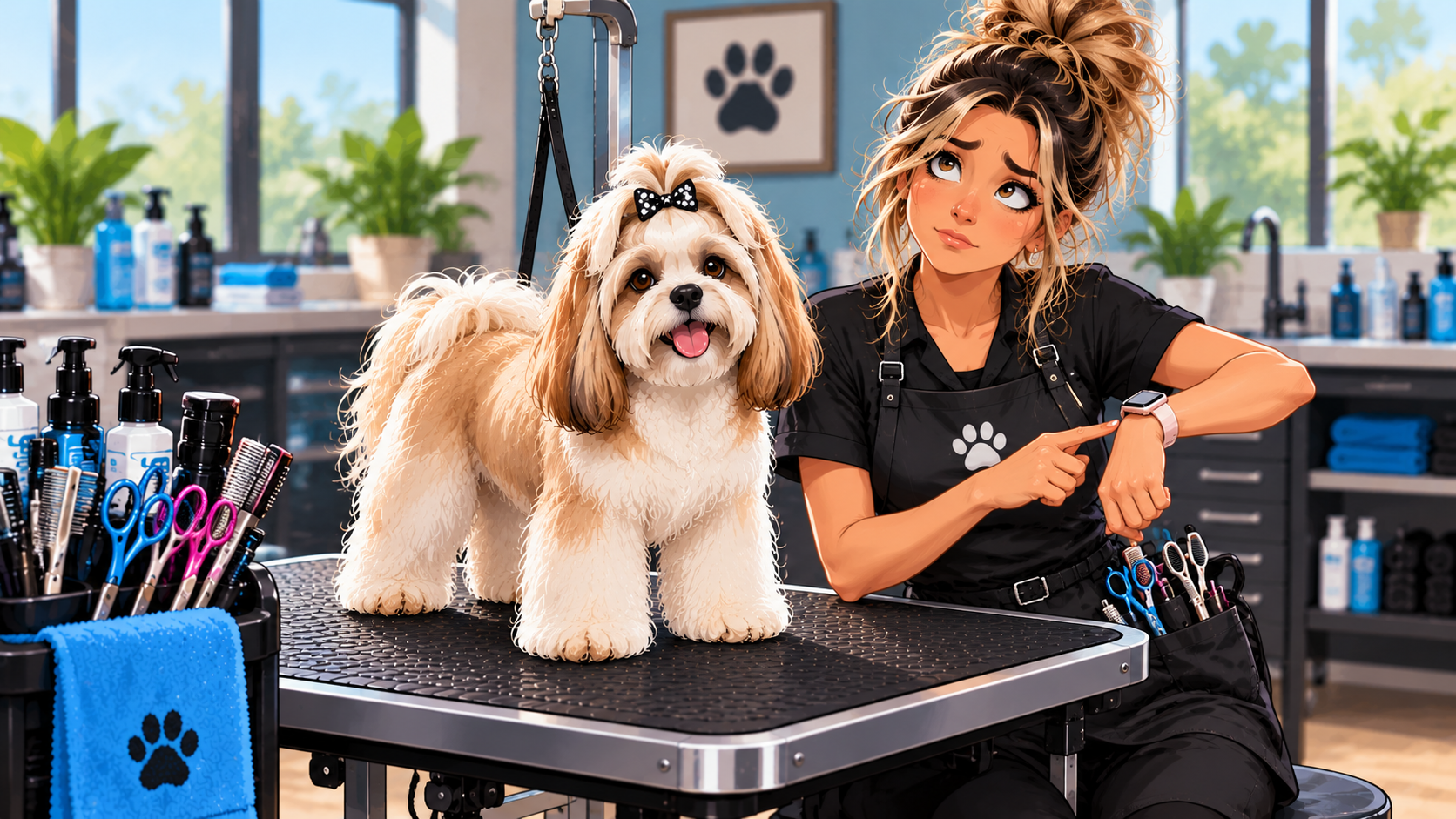 Dog grooming salon with a fluffy white dog on a table beside a groomer in a black apron