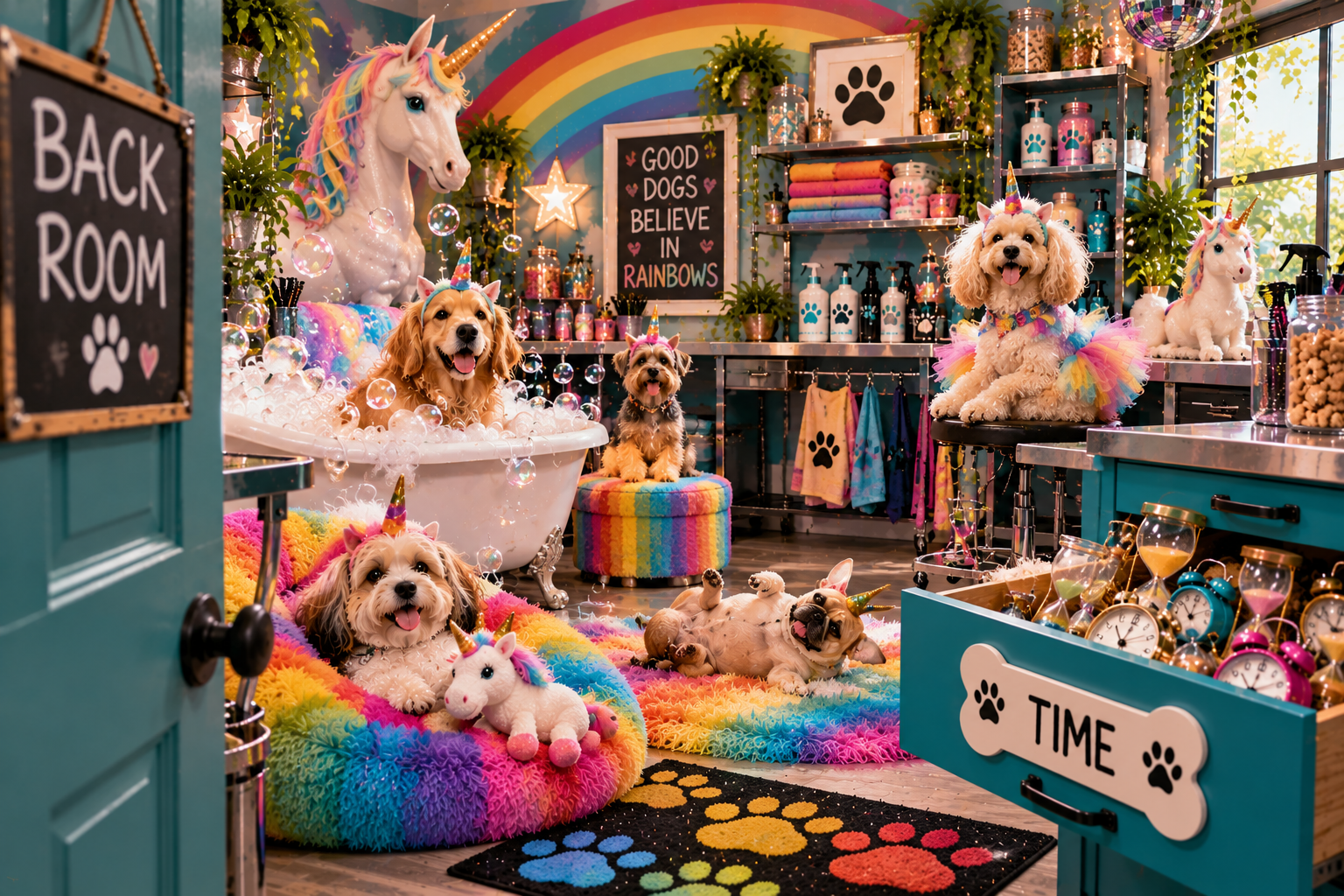 Colorful pet grooming room with small dogs, rainbows, unicorns and a drawer with time