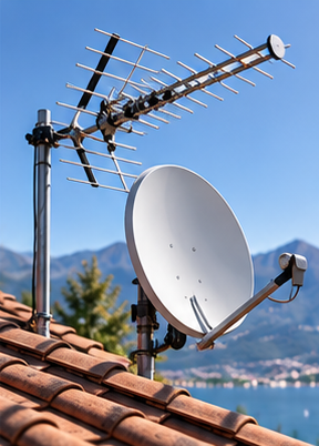 Antenna parabolica e antenna TV sul tetto, contro un cielo azzurro con montagne e acqua sullo sfondo.