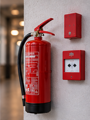 Estintore rosso montato a parete accanto alla cassetta di allarme antincendio e al relativo interruttore.