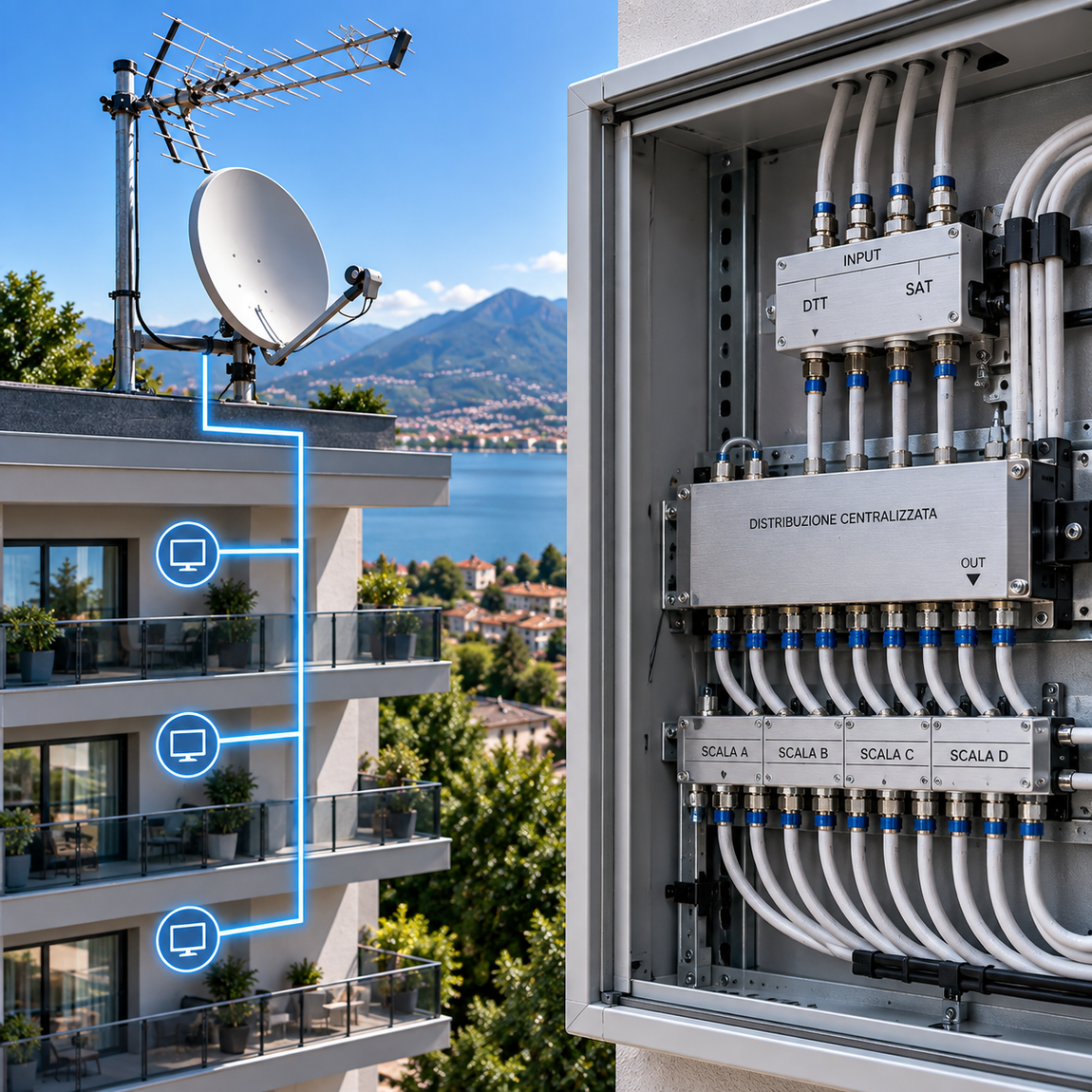 Condominio con parabola satellitare sul tetto e cablaggio per armadio di rete, con vista su un lago e sulle montagne.
