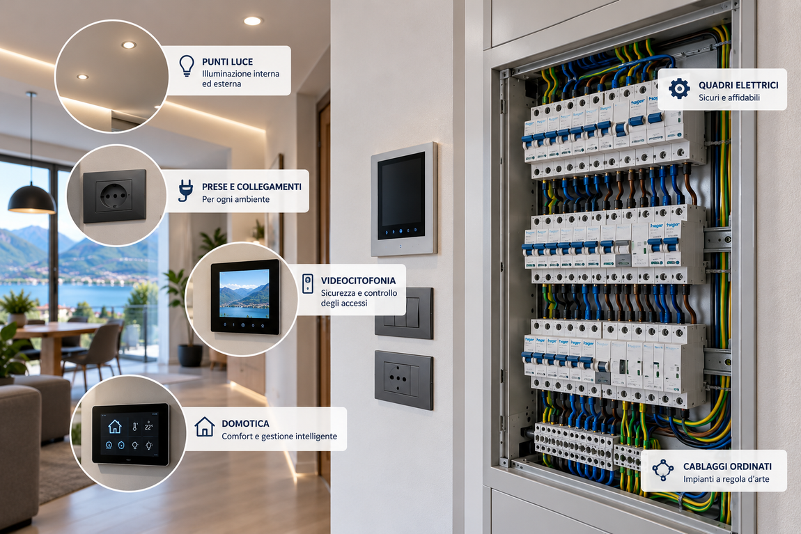 Pannello di controllo per la casa intelligente accanto a un quadro elettrico aperto con dispositivi di automazione etichettati e uno sfondo che raffigura un soggiorno.