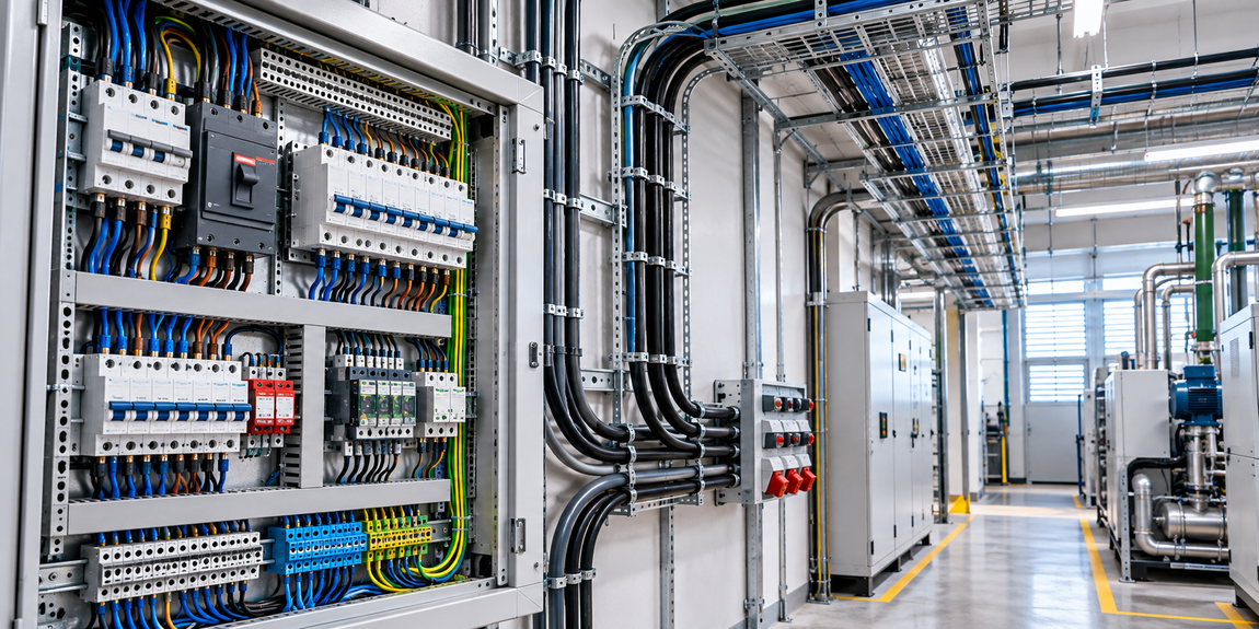 Quadri elettrici industriali con cablaggi e interruttori automatici in un corridoio di fabbrica.