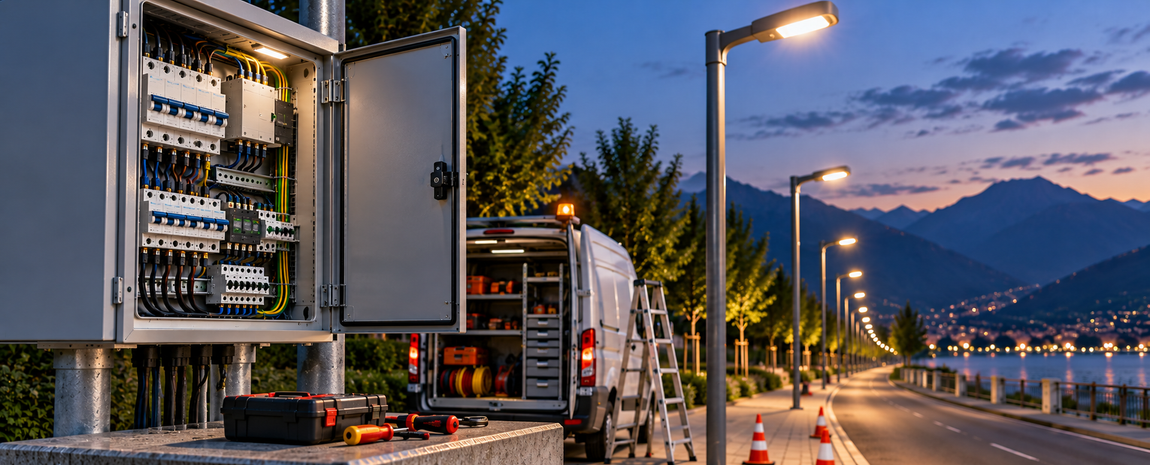 Armadietti di servizio a bordo strada al crepuscolo, accanto a una strada illuminata, con montagne e acqua sullo sfondo.