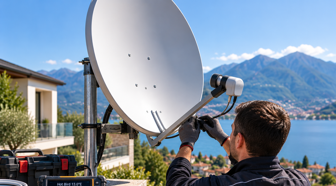 Tecnico che installa una grande parabola satellitare all'aperto, con montagne e lago sullo sfondo.