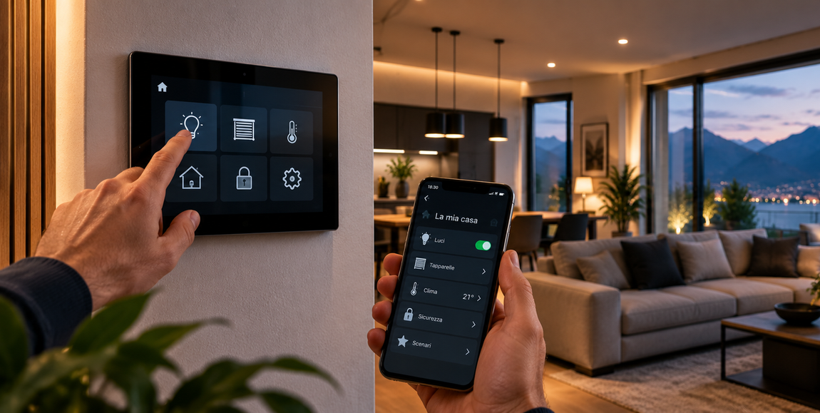 Una mano usa uno smartphone per controllare un pannello a parete per la domotica in un moderno soggiorno al crepuscolo.