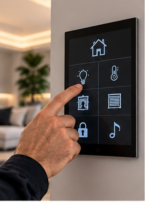 Mano che tocca un touchscreen a parete per la casa intelligente con icone di luce e temperatura