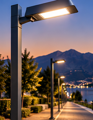 Lampioni lungo una passeggiata in riva al lago al crepuscolo, con le montagne sullo sfondo.