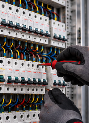 Mani guantate che usano un cacciavite rosso per regolare gli interruttori automatici in un quadro elettrico.
