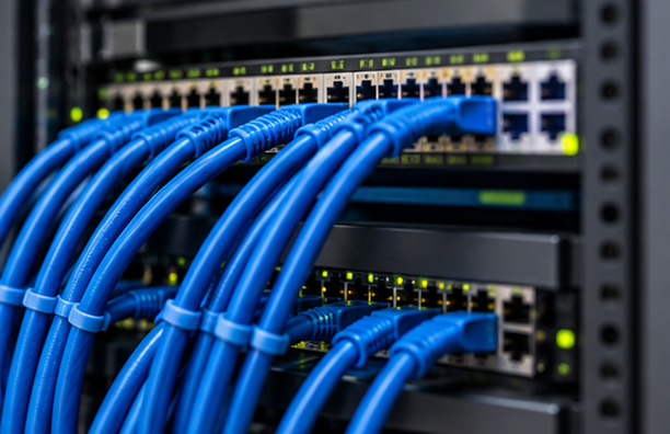 Cavi Ethernet blu collegati agli switch di rete in un rack per server.