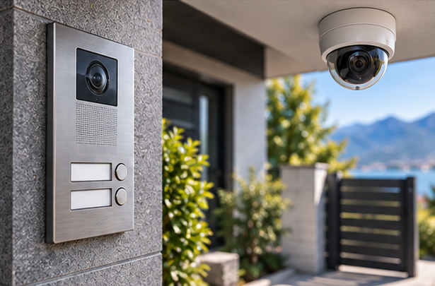 Citofono e telecamera di sicurezza all'esterno di un moderno edificio con vista sulle montagne.