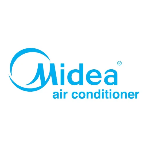 Logo del condizionatore d'aria Midea in blu su sfondo bianco.