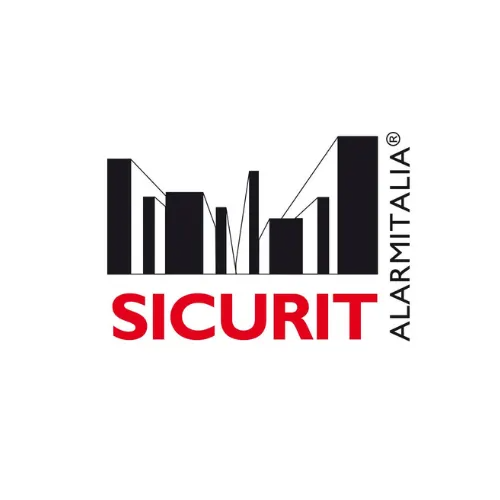 Logo SICURIT ALARM ITALIA con grafica dello skyline nero e testo rosso su sfondo bianco