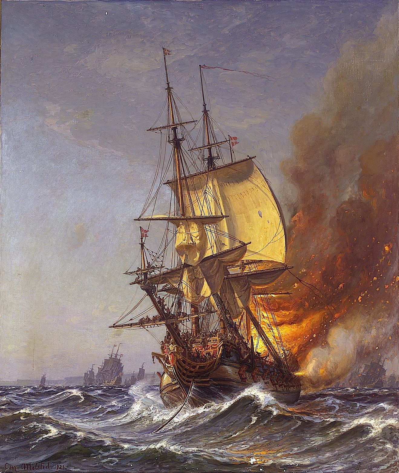 Fregatten Danebrog tar fyr på Køge Bugt (Kilde: Wikipedia. Maleri av Christian Mølsted 1921)