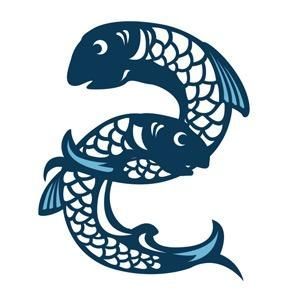 Logo Denis Crooks Fish. Two blue fish are swimming in a circle on a white background.