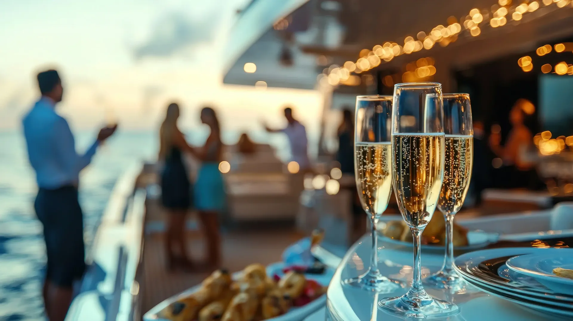 Fiesta de fin de año en San Andrés con copas de champaña y ambiente caribeño frente al mar.