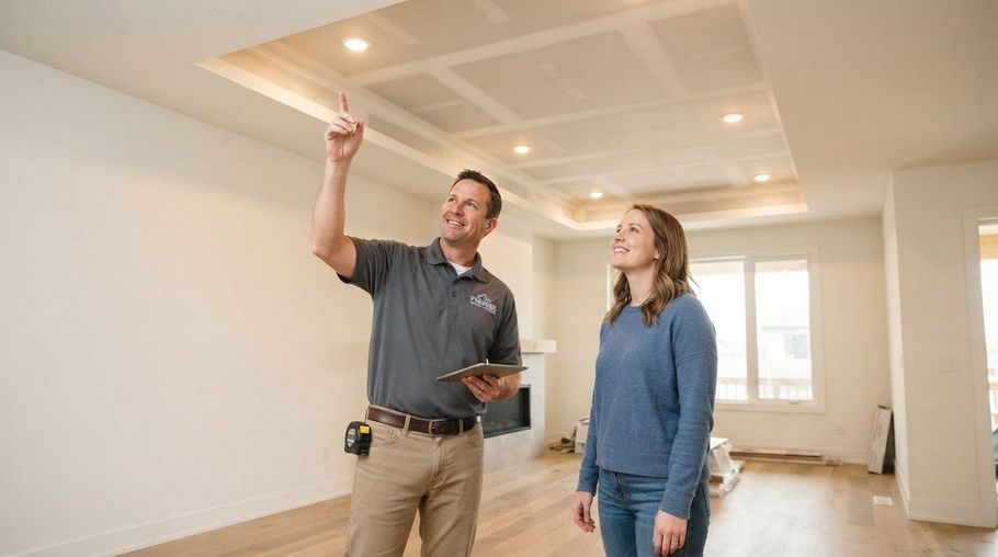 Two people inspect a bright, empty room, pointing at the ceiling lights.
