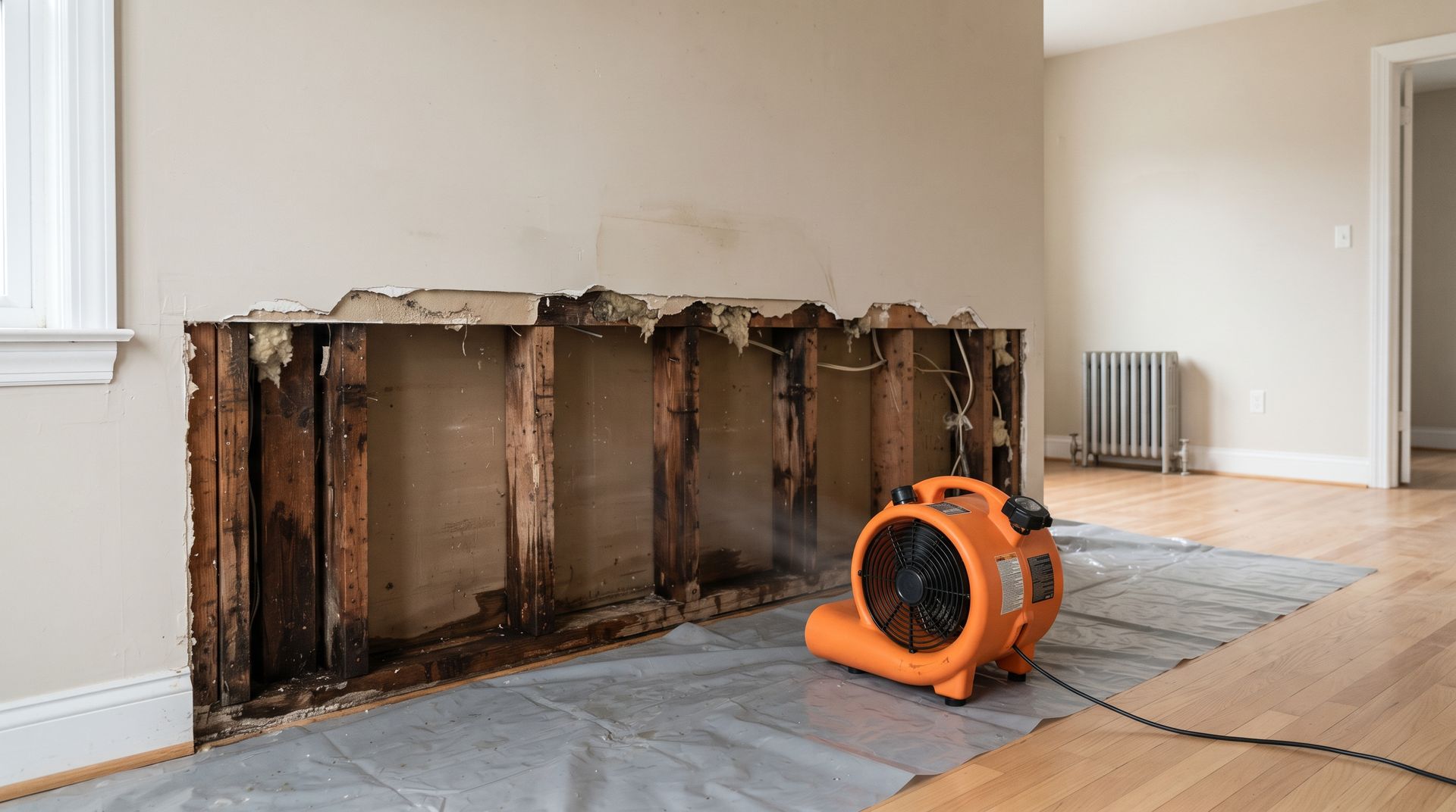 Water-damaged wall stripped open, with a bright orange industrial fan on a tarp in an empty room