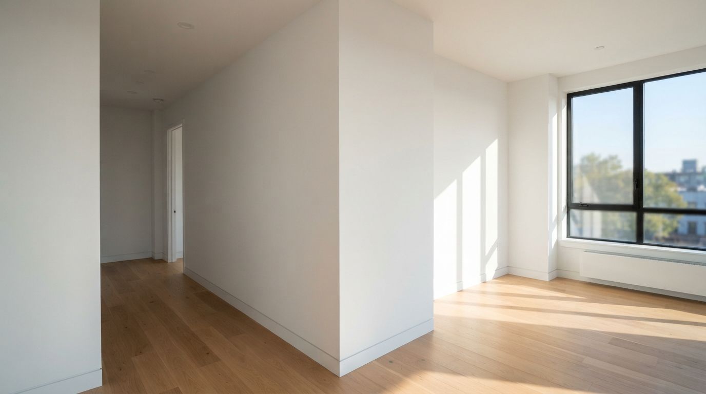 Empty modern room with hardwood floors, white walls, and large sunlit windows overlooking trees