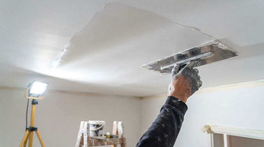 Person scraping damaged drywall on a ceiling during home repair, with a work light and ladder nearby