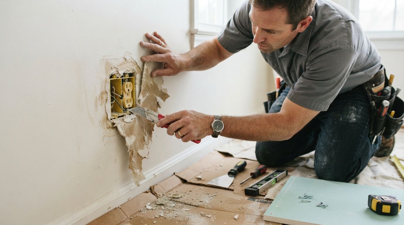 Handyman repairing a wall outlet with tools scattered on a floor indoors