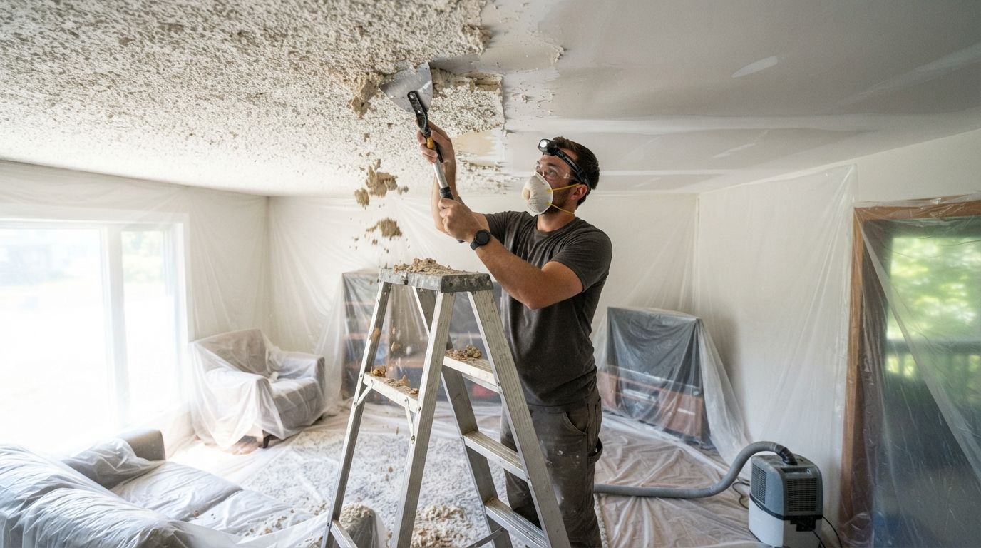 Person sanding a ceiling in a room covered with plastic sheeting and renovation supplies