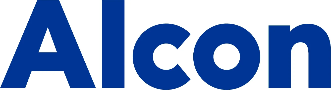 A blue alcon logo on a white background