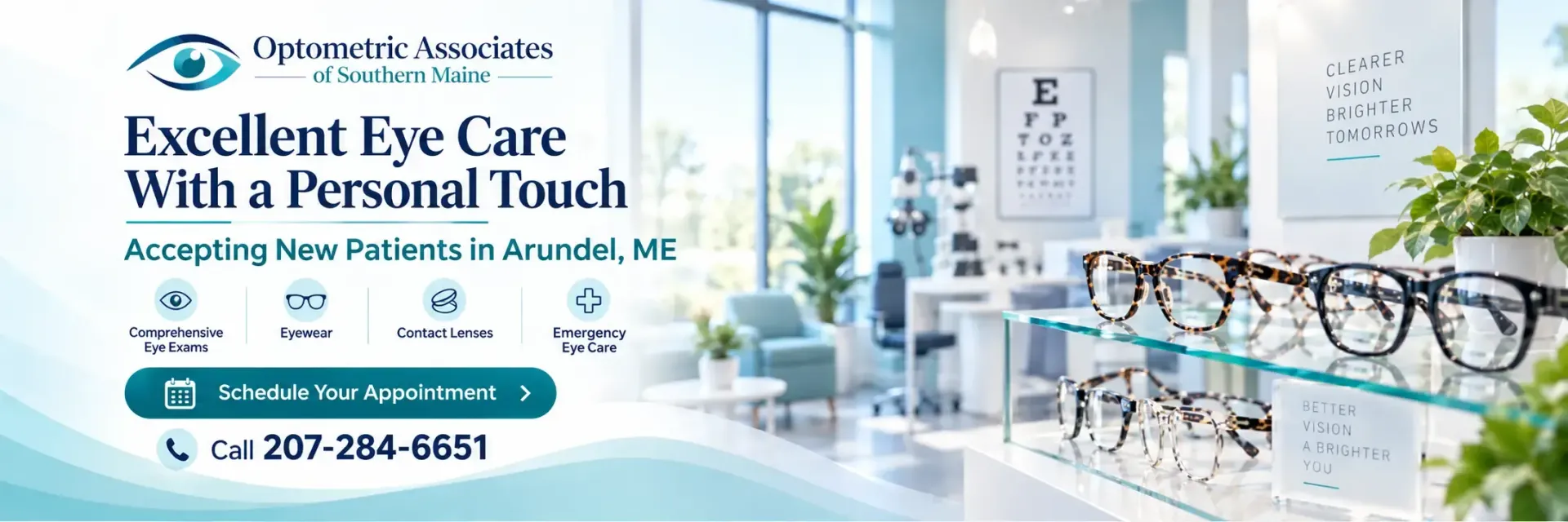 Optical clinic banner with eyeglasses, eye test chart, and text promoting excellent eye care with personal touch