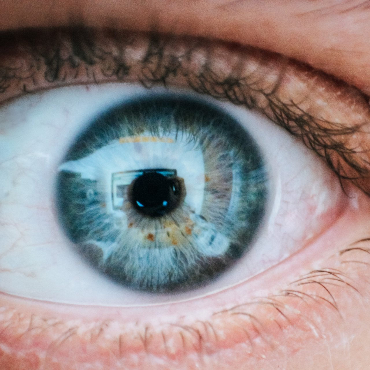 A close up of a person 's blue eye