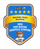 Carfax badge for German Auto Exotics, blue and gold, “2025 Top-Rated Service Center” with Car Fox mascot