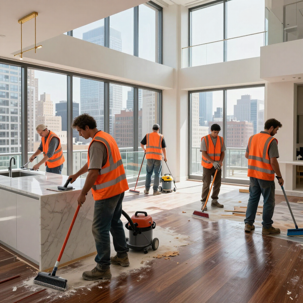 Workers in orange safety vests cleaning a bright high-rise apartment with city views