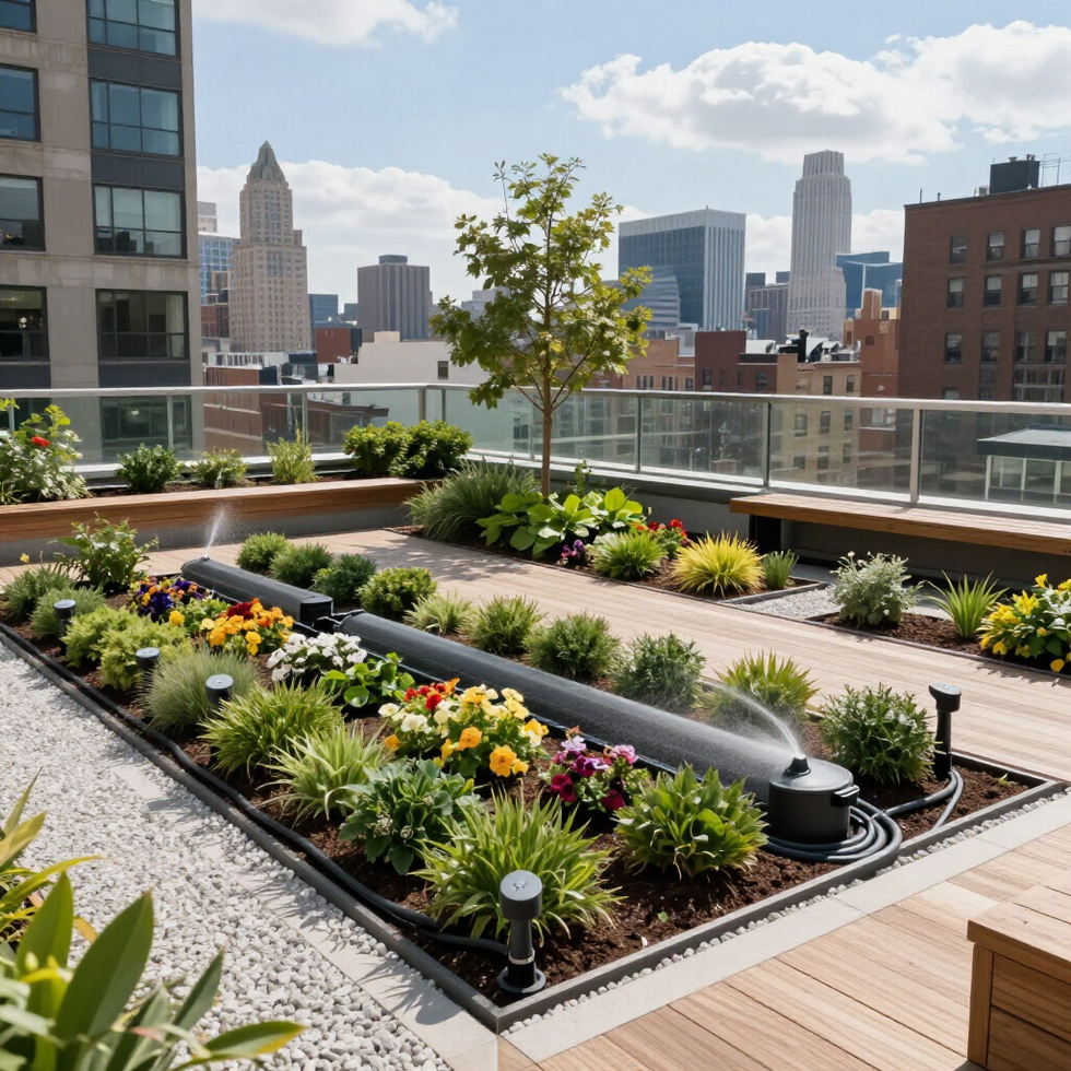 Rooftop garden with raised beds and flowers overlooking a city skyline