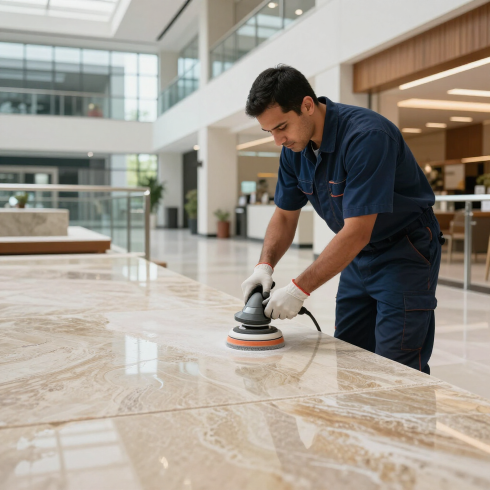Worker polishing a marble floor in a bright modern lobby