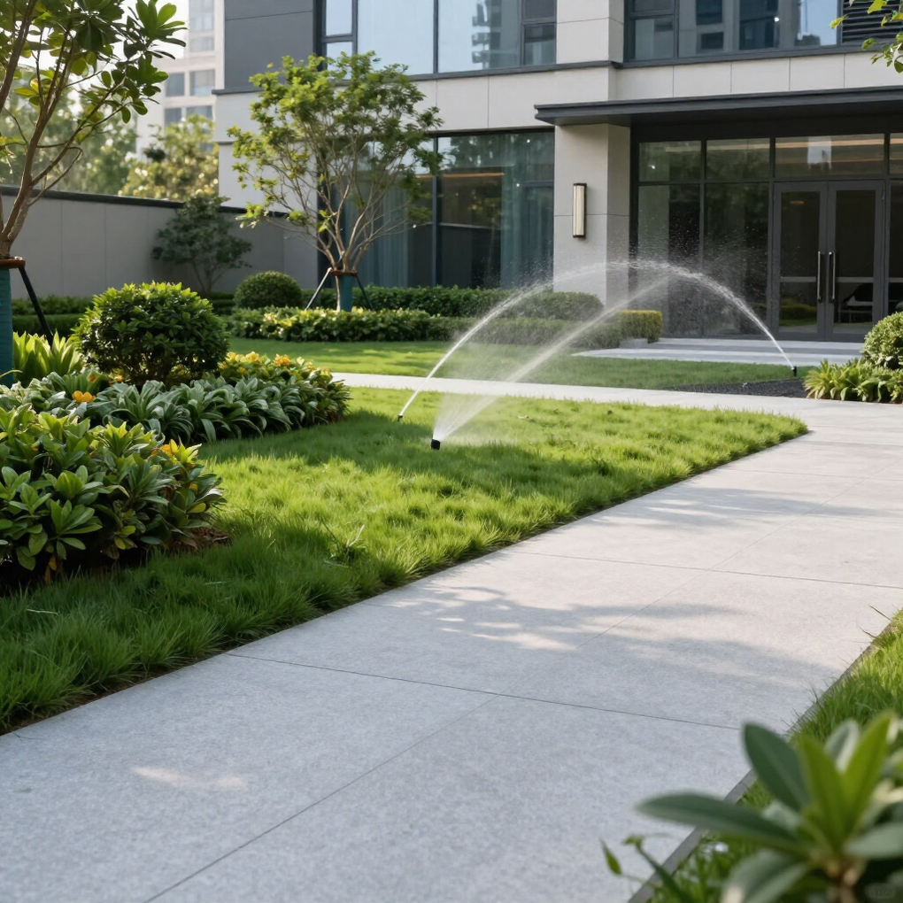 Lawn sprinkler watering a landscaped garden beside a modern building walkway