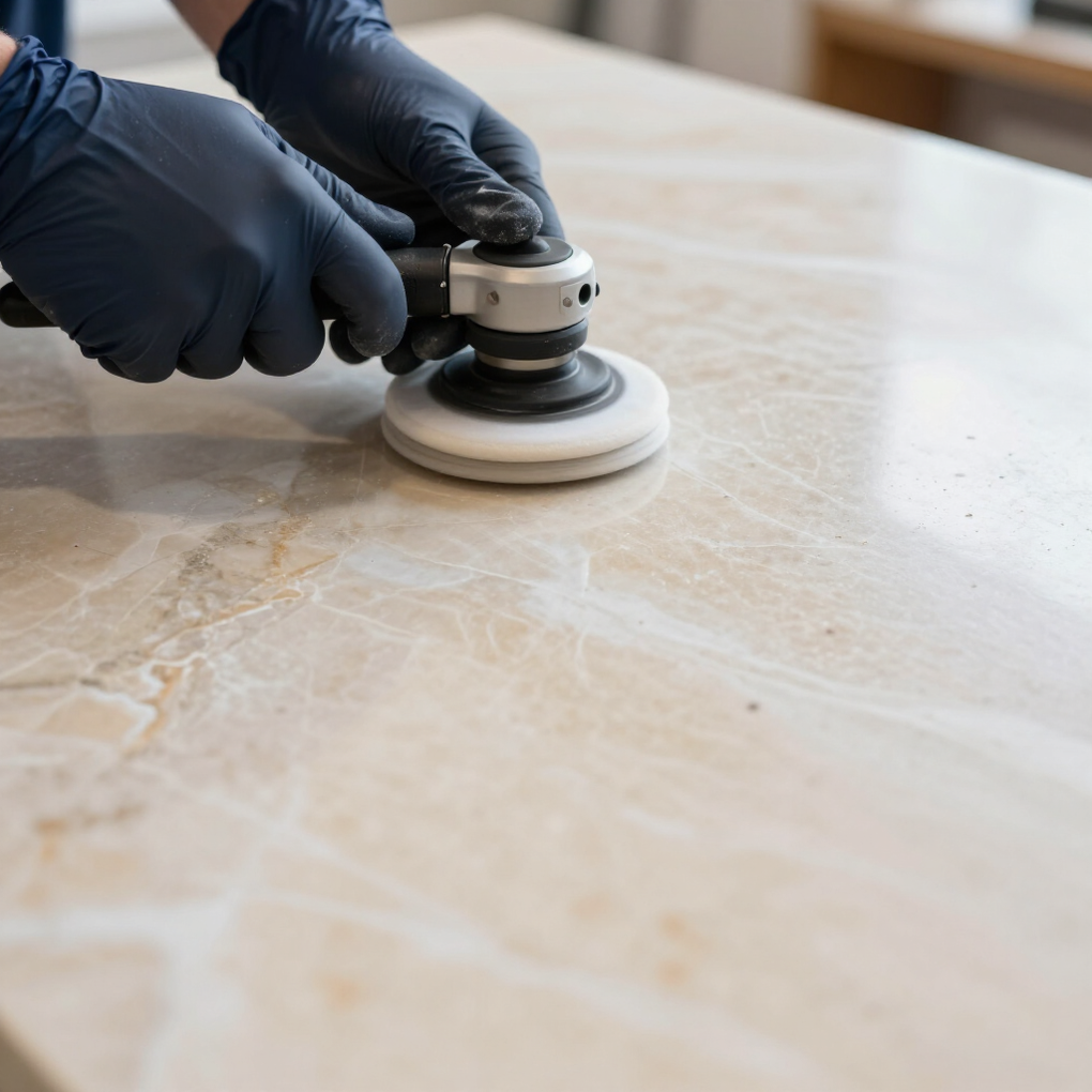Gloved hands polishing a beige marble surface with a rotary buffer