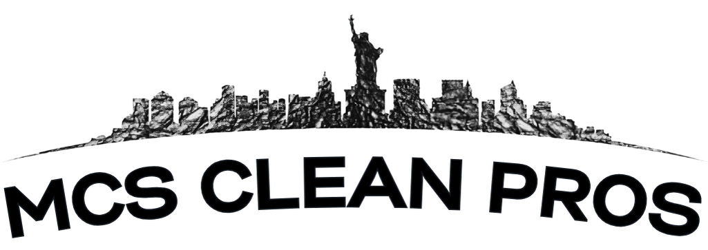 Black-and-white logo for MCS Clean Pros with a city skyline silhouette above the text