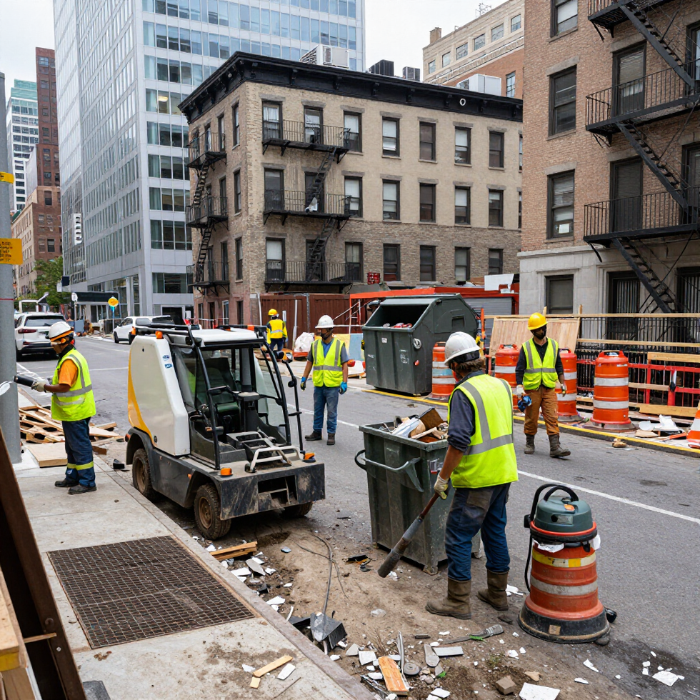 Construction workers in neon vests on a city street beside utility equipment and orange barriers