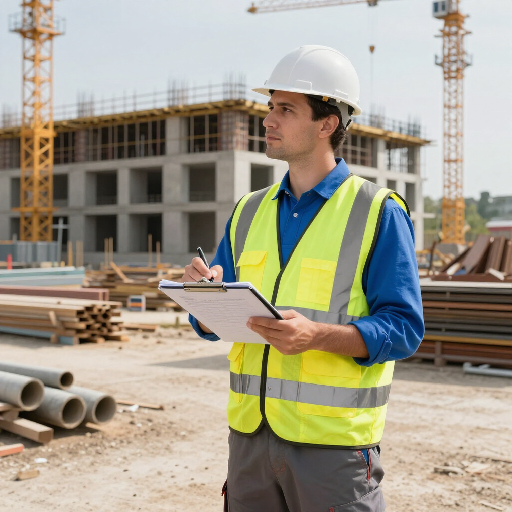 Construction supervisor in hard hat and safety vest holding a clipboard at a building site